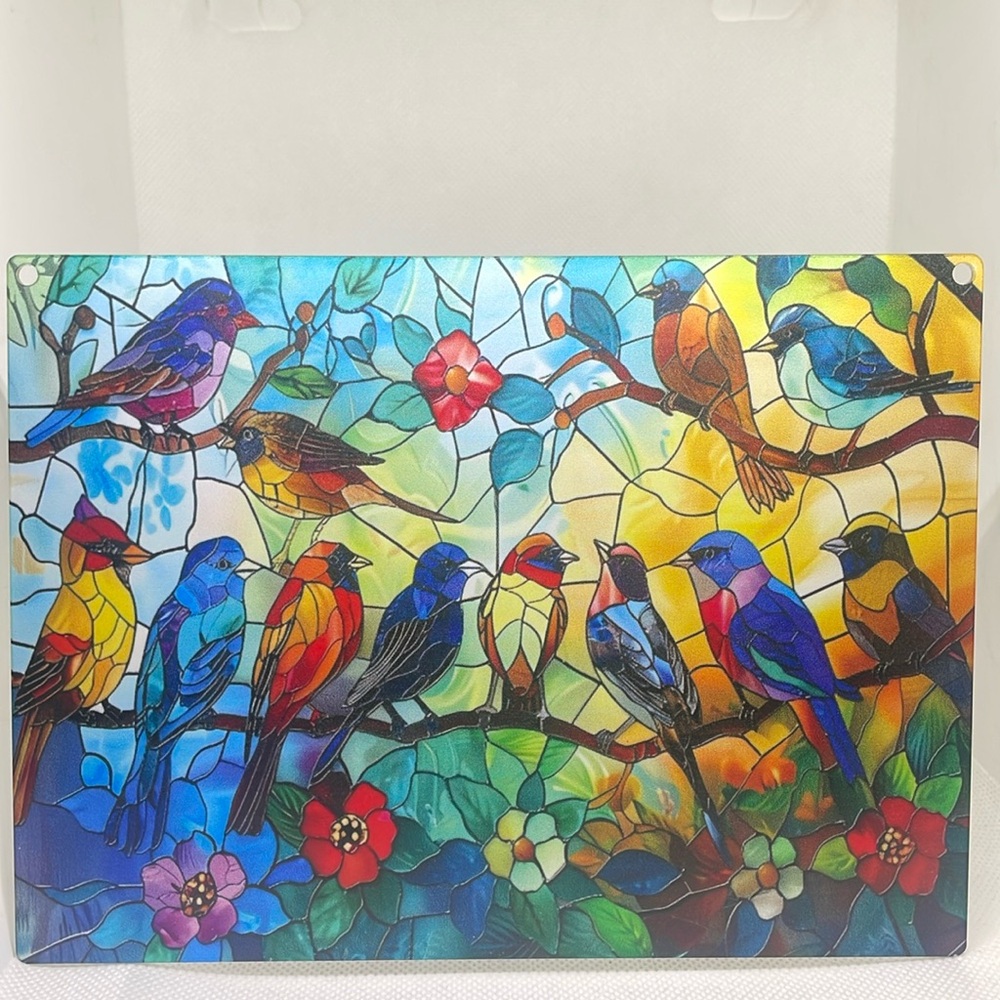Suncatcher Acrylic Colourful Birds & Flowers 8” x 5 3/4” Faux Stained Glass